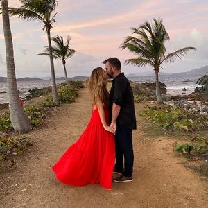 Red engagement shoot dress